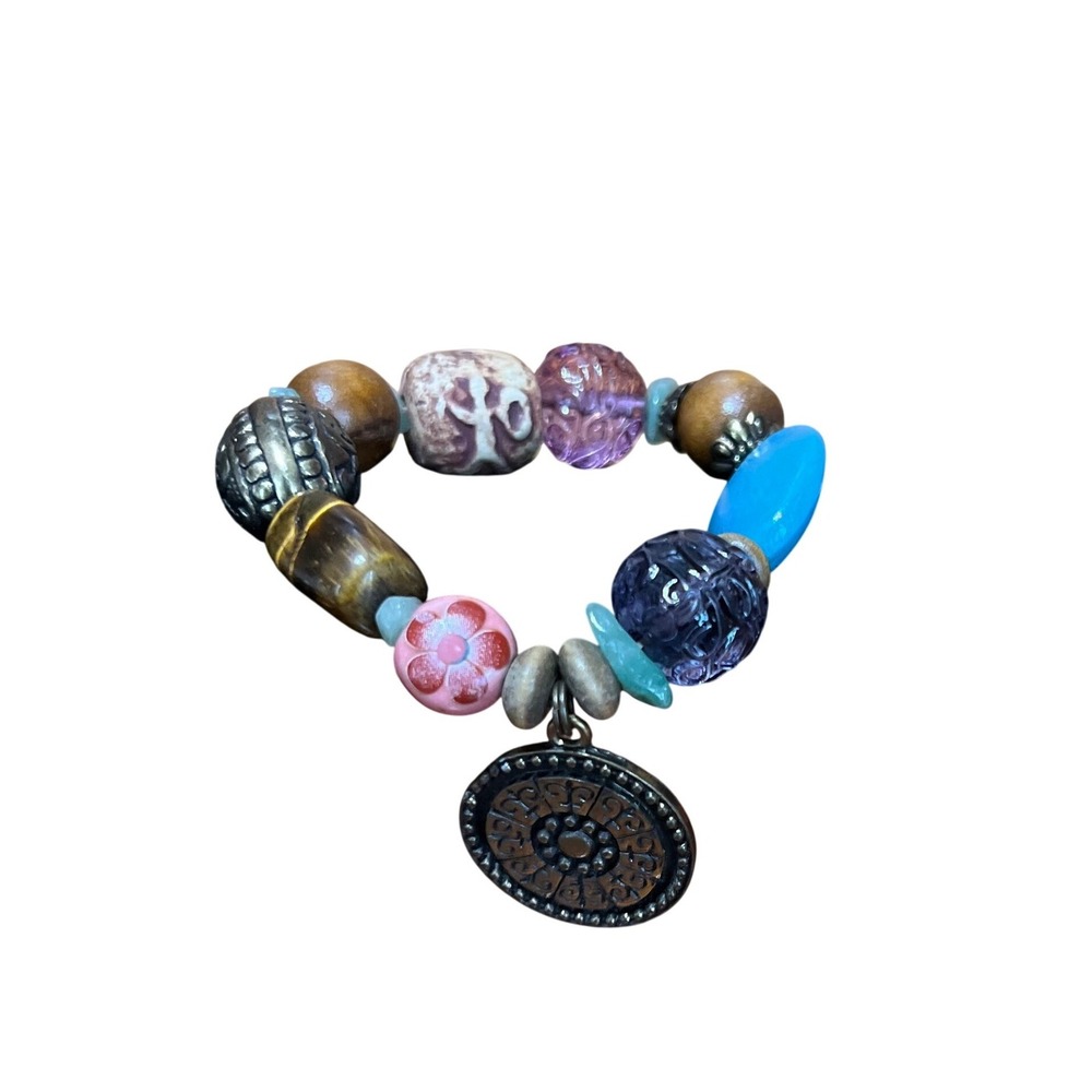 Handmade Chunky Carved Stone Beaded Charm Bracelet Stretch Pink Blue Brown Boho